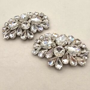 Vtg Glass Rhinestone Shoe Clips Clear Silver Tone 2.25" 2pc Bridal Sparkle Glam